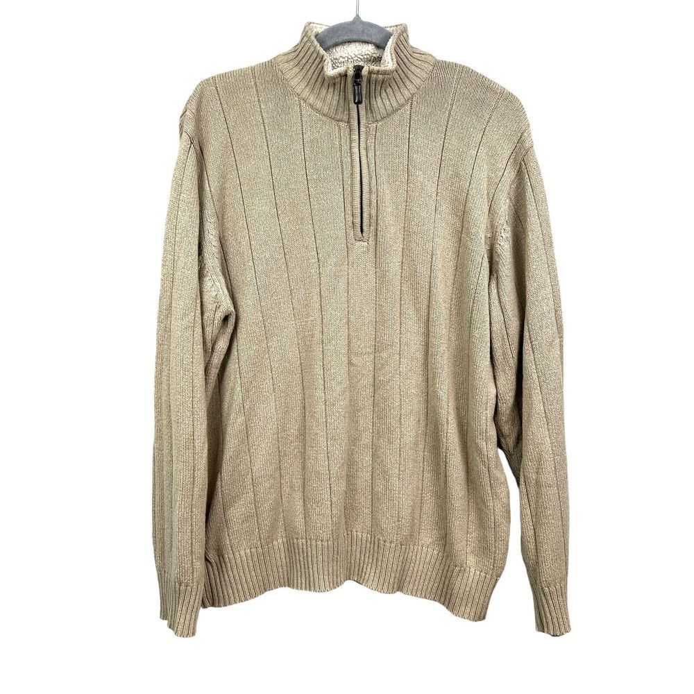 Oscar De La Renta Mens Sweater Shearling Trim Quarter Zip Ribbed Hem Tan Size L*
